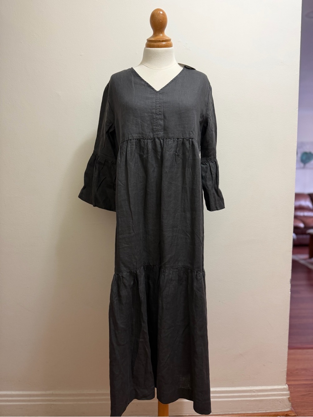 Wear by I love Linen Charcoal Gray Linen Tiered Midi Dress